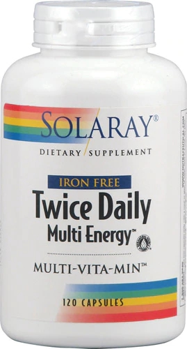 Solaray Twice Daily Multi Energy Ferro Livre - 120 Cápsulas - Energia e Vitalidade