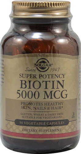 Solgar Biotina 5000 mcg - 50 Cápsulas Vegetais: Cabelos, Pele e Unhas Fortes