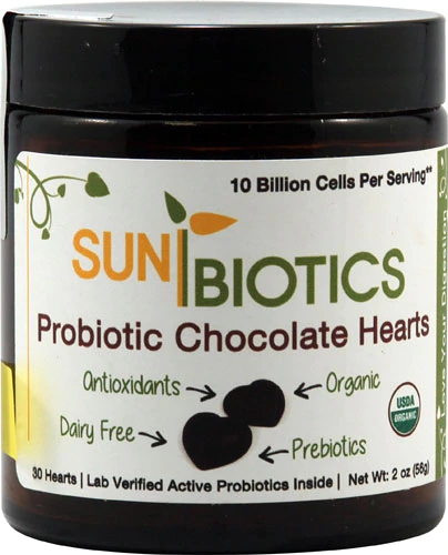 Sunbiotics Probiotic Chocolate Hearts - 10 Bilhões de Células - 30 Corações Deliciosos