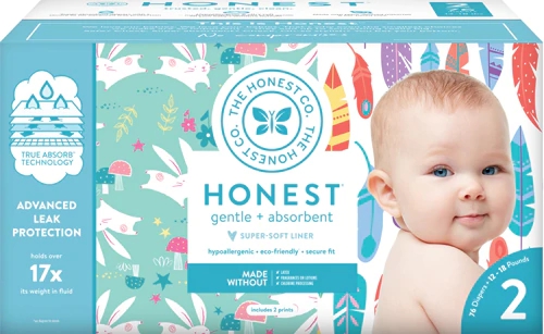 Fraldas The Honest Company Club Box Tamanho 2: 76 Unidades Estampadas Penas e Coelhos - Conforto Hipoalergênico