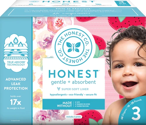 Fraldas The Honest Company Club Box Tamanho 3 Rose Blossom & Strawberries - 68 Unidades (Aprox. 9-12kg)