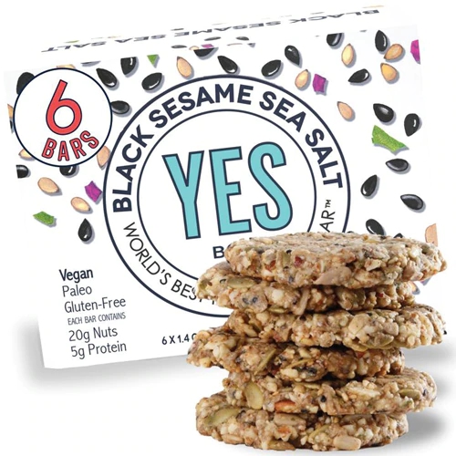 The YES Bar Barra de Lanche Vegana Sem Glúten, Alimentos Reais, Baixo Açúcar, Paleo - Sabor Gergelim Preto e Sal Marinho - Caixa com 6 Unidades (Aprox. 270g)