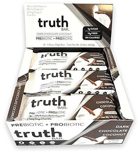 Truth Bar Barra Nutritiva Prebiótica + Probiótica Chocolate Amargo Coco - 12 Unidades (Aprox. 570g)
