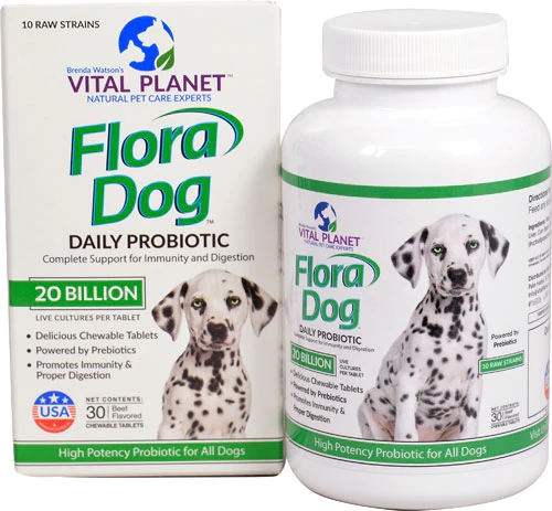 Vital Planet Flora Dog Probiótico Cão Sabor Carne 20 Bilhões - 30 Tabletes Mastigáveis