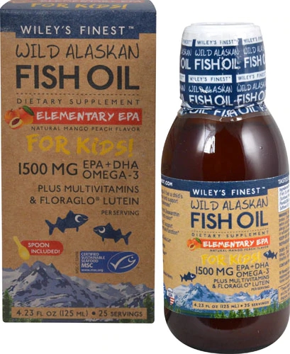 Óleo de Peixe Alabastrano Wiley's Finest Elemtary EPA para Crianças, Multivitamínico Sabor Manga e Pêssego - 125ml