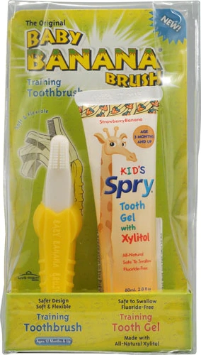 Kit Escova Dente Bebê Xlear Spry Banana Com 1 Escova Sabor Morango Banana