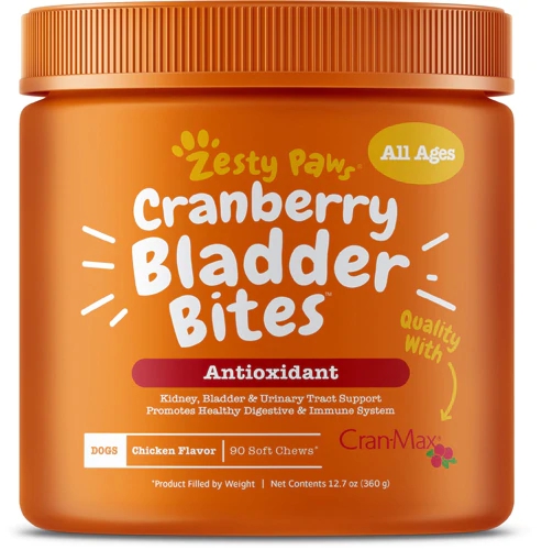 Zesty Paws Cranberry Bladder Bites - Suplemento para Cães Sabor Frango - 90 Mastigáveis Suaves