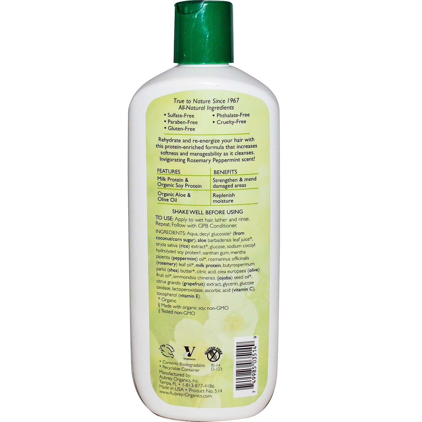 Aubrey Orgânicos Xampu, Fortalecer - Rosemary Hortelã-pimenta GPB - 11 oz - Imagem 2