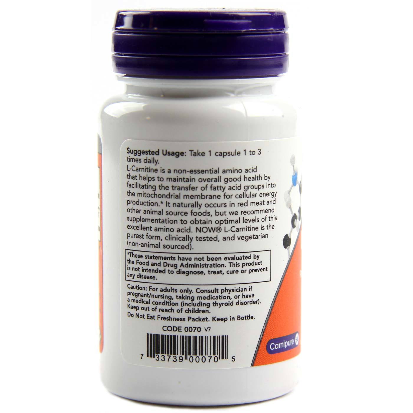 Now Foods, L-Carnitina 500 mg - 30 Cápsulas Vegatarianas - Imagem 3