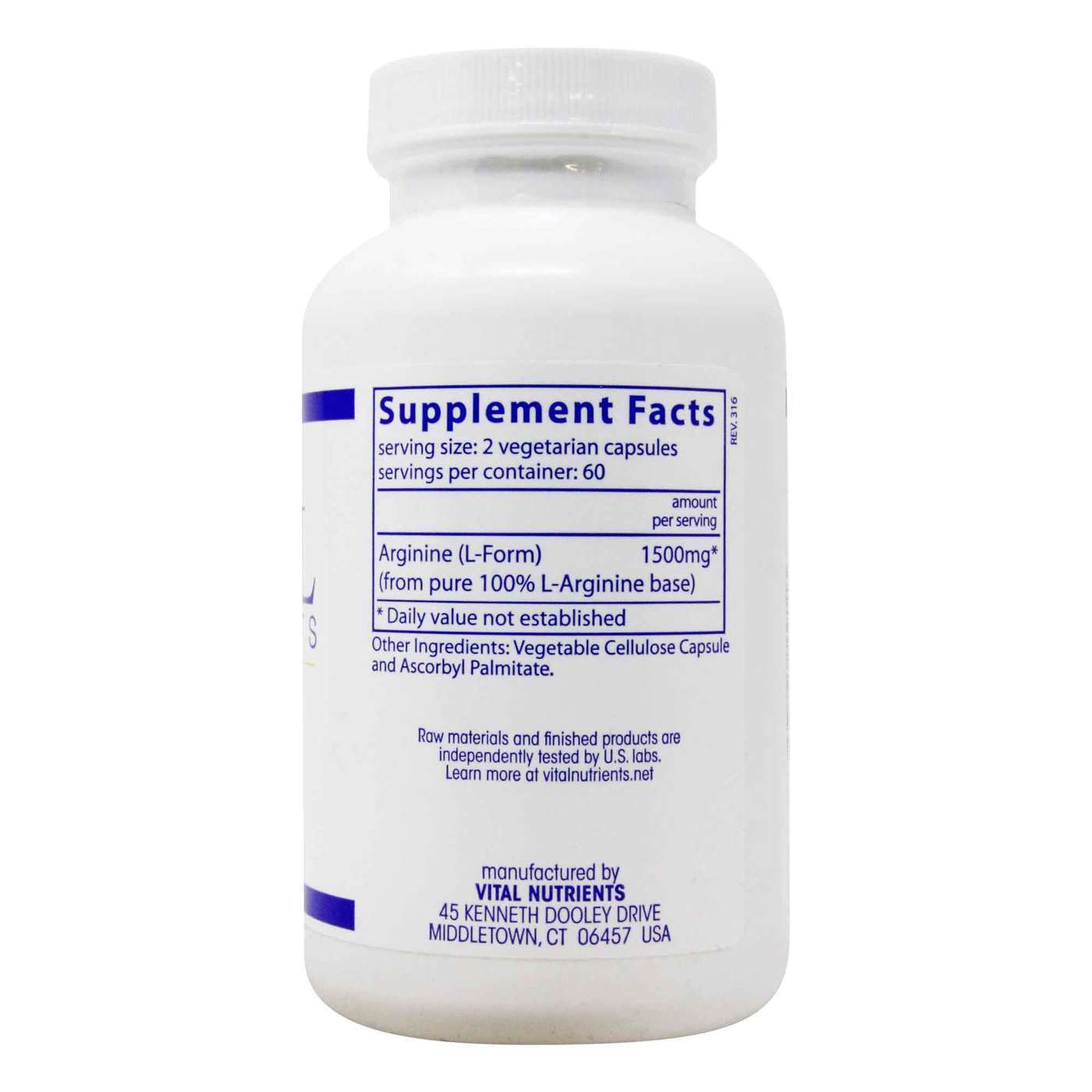 Vital Nutrients Arginine 750 mg - 120 Vegetarian Capsules - Imagem 2