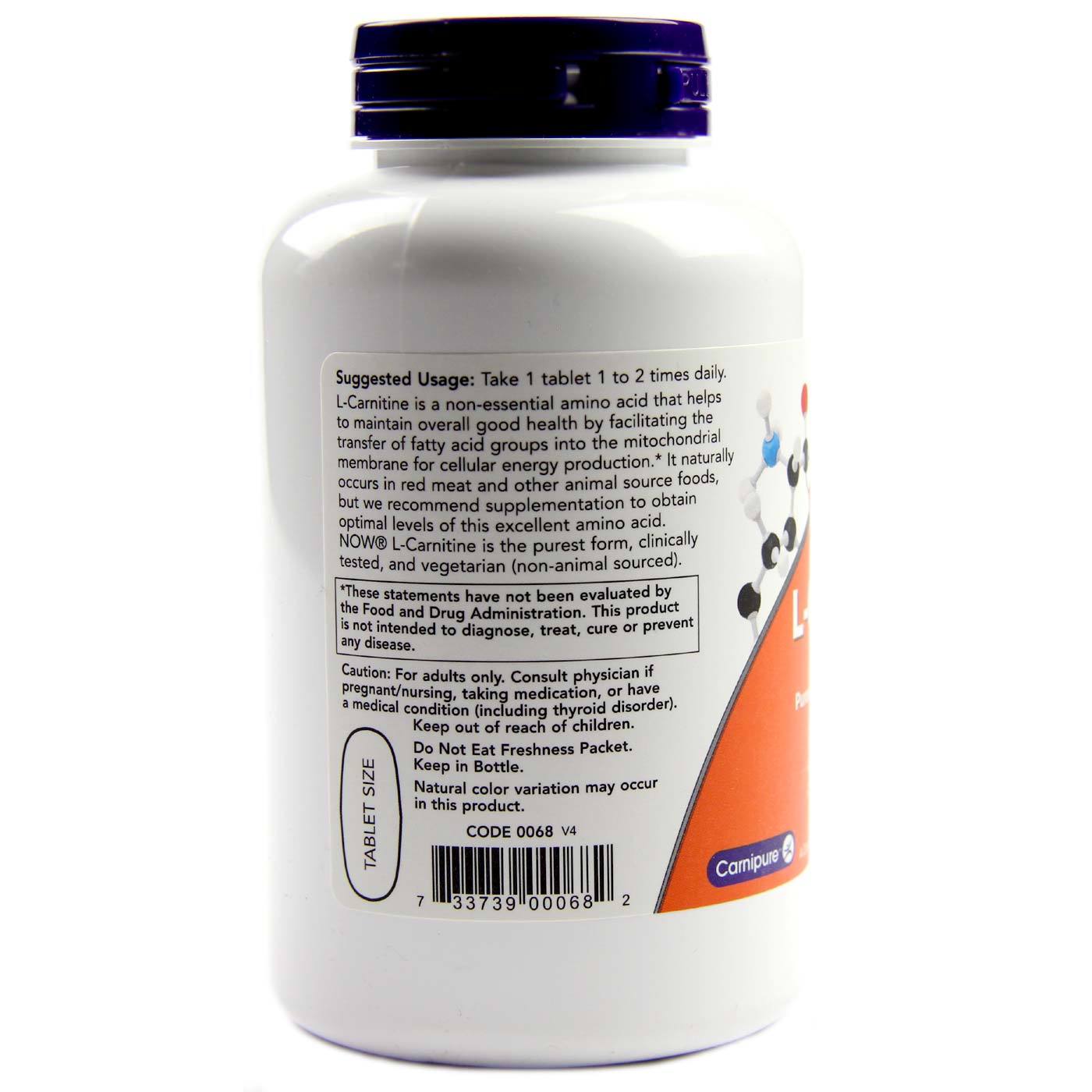 Now Foods, L-Carnitina 1000 mg - 100 Tabletes - Imagem 3