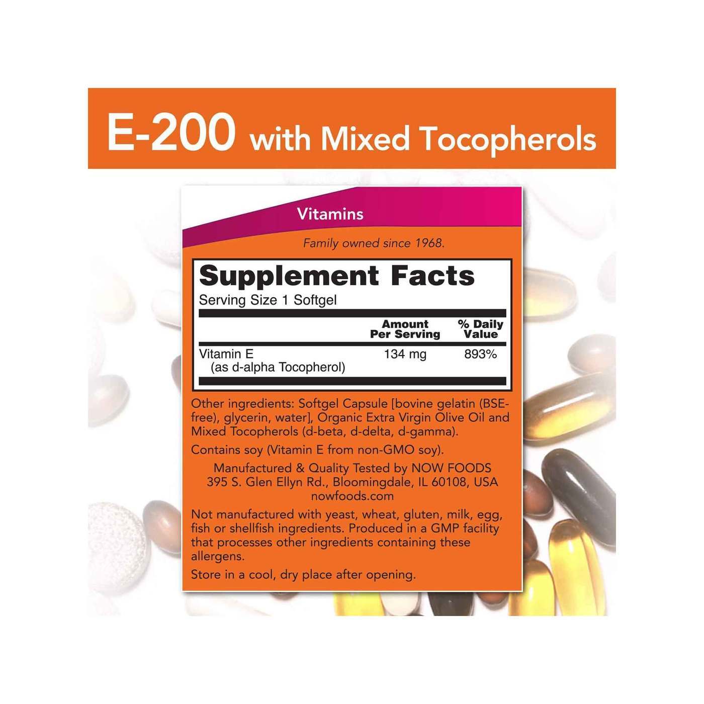 Now Foods, Vitamina E Misturado com Tocoferóis - 200 UI - 100 Cápsulas em Gel - Imagem 3
