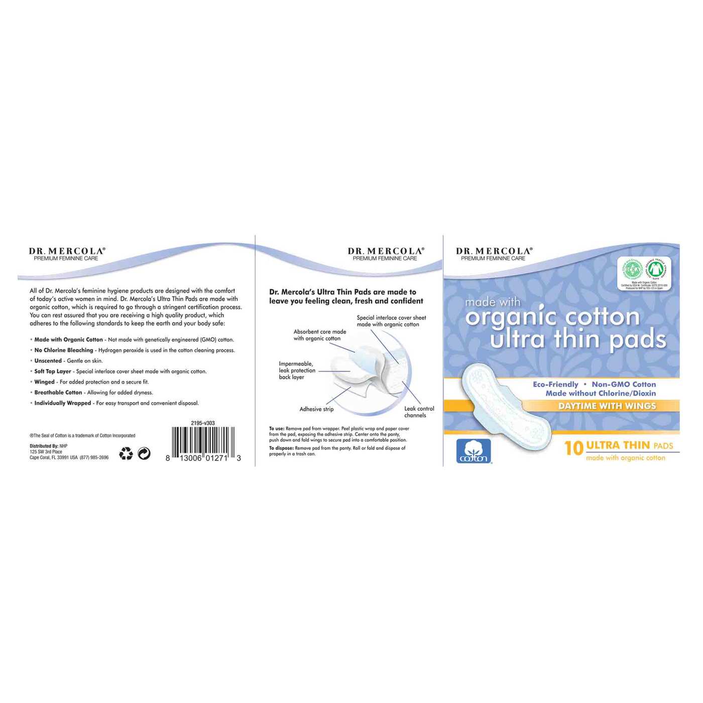 Dr. Mercola Ultra Thin Pads with Organic Cotton - Daytime with Wings 10 pads - Imagem 2