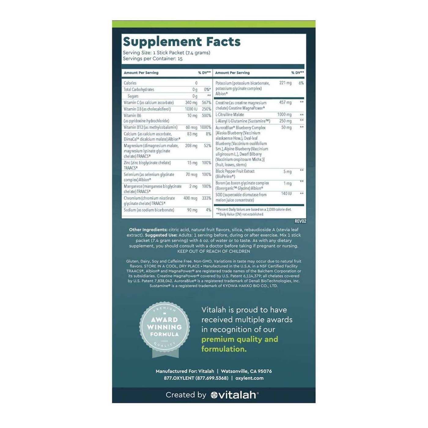 Oxylent 3-In-1 Performance Supplement Drink Powder Lemon Lime - 15 Packets - Imagem 2