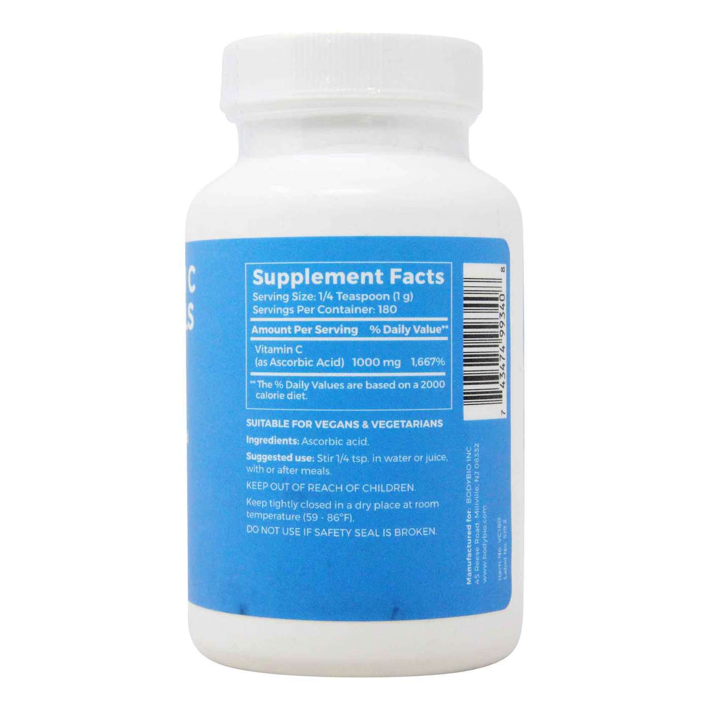 BodyBio Vitamin 'C' Crystals Ascorbic Acid 1,000 mg - 180 Grams - Imagem 2