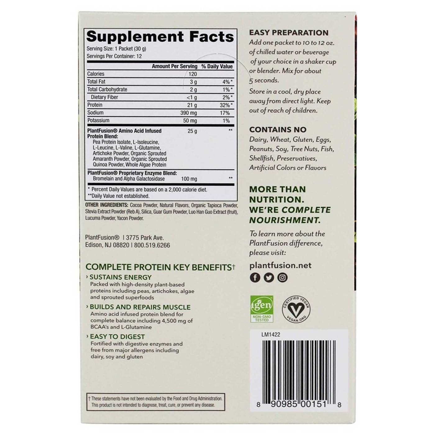 PlantFusion Proteína Vegetal Completa - Chocolate Rico - 12 - 1,06 oz Pacotes - Imagem 2