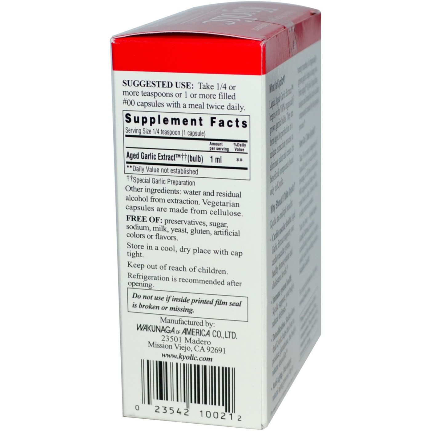 Kyolic Fórmula Kyolic 100 Alho Extrato Plain 60 cápsulas 2 FL.OZ - Imagem 2
