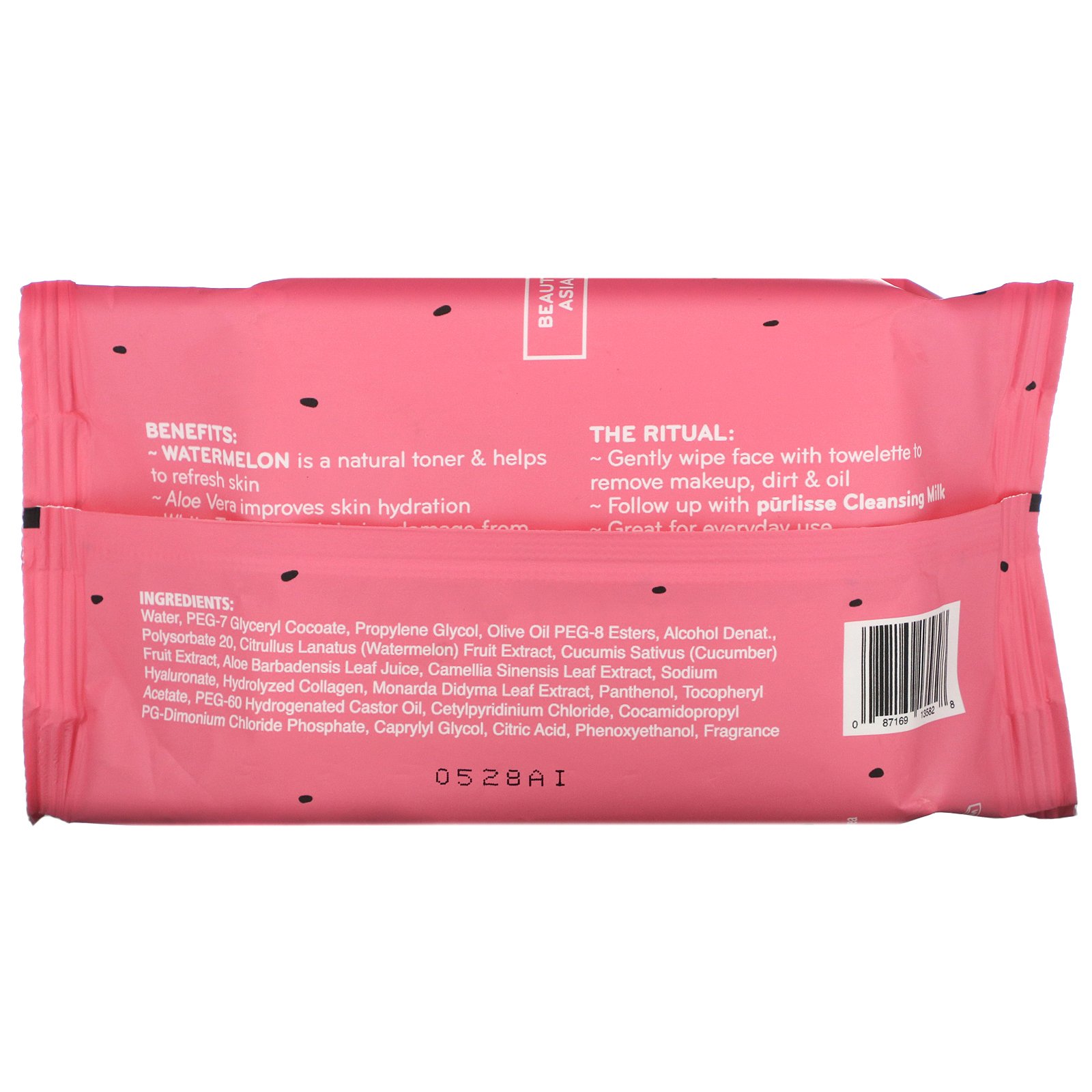Purlisse, Watermelon, Energizing Makeup Remover Wipes, 30 Towelettes - Imagem 2