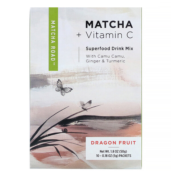 Matcha Road, Matcha + Vitamina C, Mistura de Superalimentos para Bebidas, Pitaia, 10 Envelopes, 5 g (0,18 oz) Cada