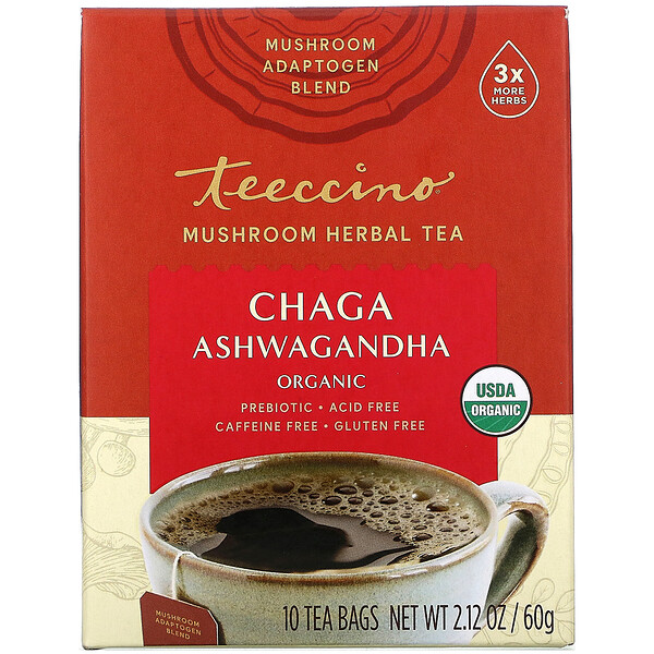 Teeccino, Chá de Ervas com Cogumelos, Chaga e Ashwagandha Orgânicos, Creme de Caramelo, Sem Cafeína, 10 Saquinhos de Chá, 60 g (2,12 oz)