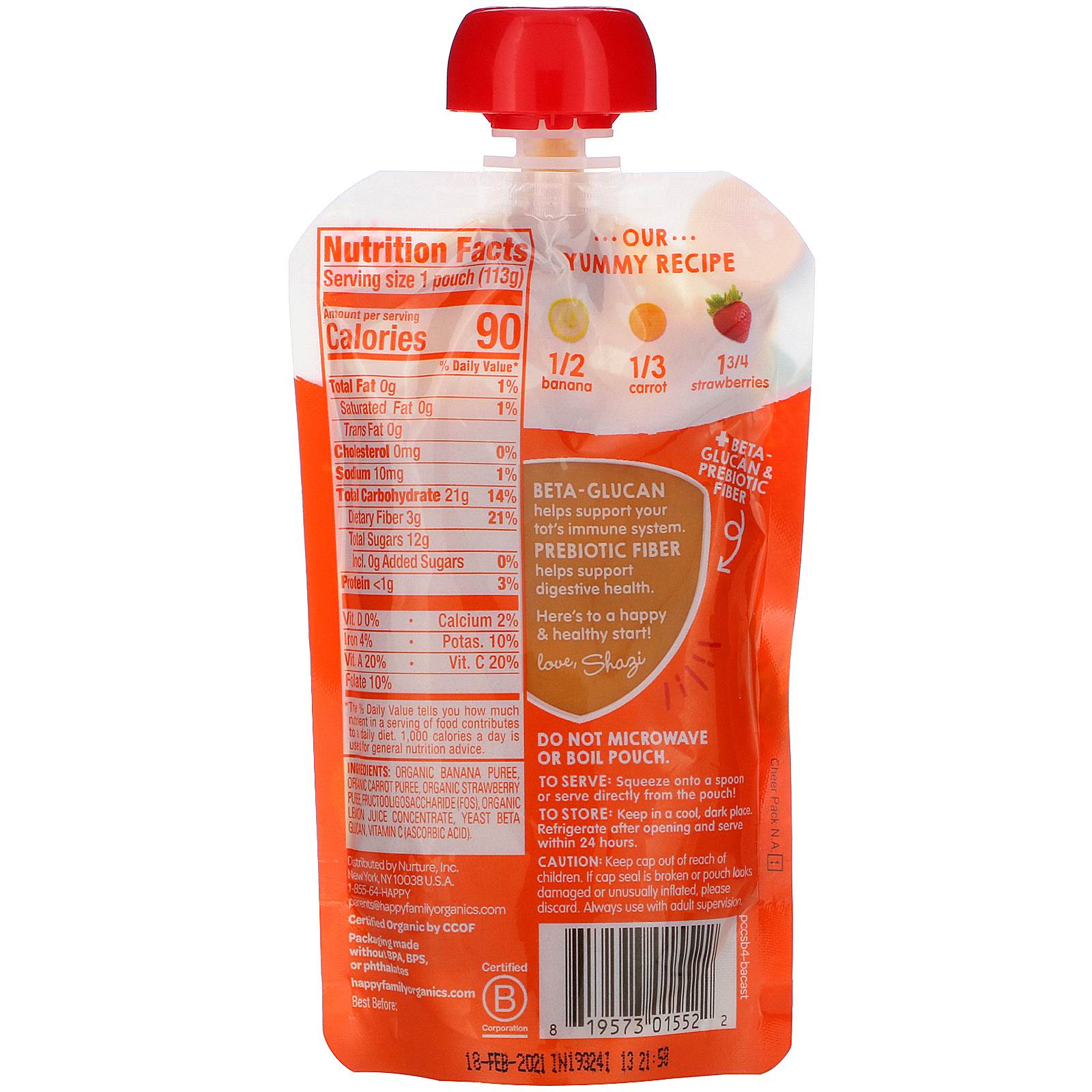 Happy Family Organics, Happy Tot, Super Bellies, Organic Bananas, Carrots & Strawberries, 4 oz (113 g) - Imagem 2