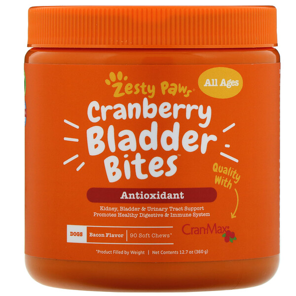 Zesty Paws, Cranberry Bladder Bites para Cães, Sabor Bacon, 90 Gomas Mastigáveis