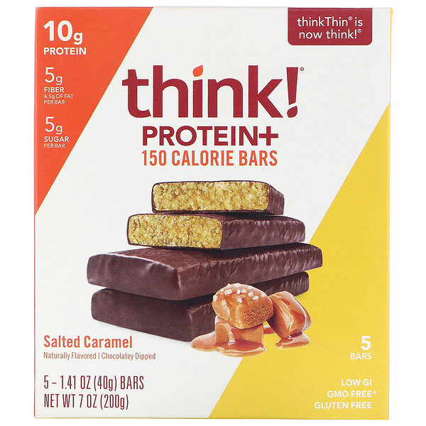 ThinkThin, Barras Protein+ de 150 Calorias, Caramelo Salgado, 5 Barras, 40 g (1,41 oz) Cada