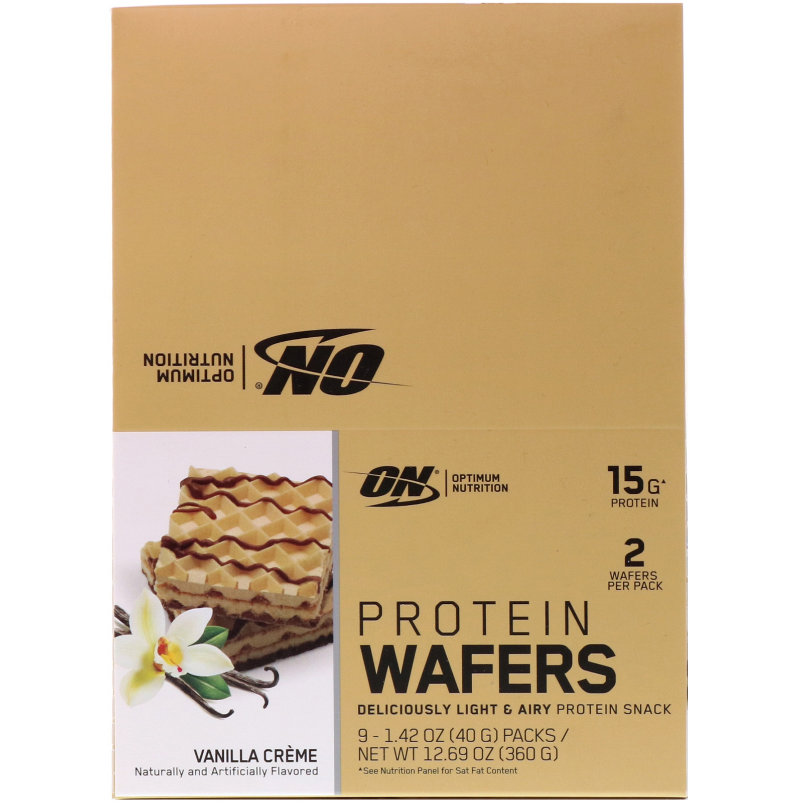 Optimum Nutrition, Wafers de Proteína, Creme de Baunilha, 9 Pacotes, 40 g - Imagem 2