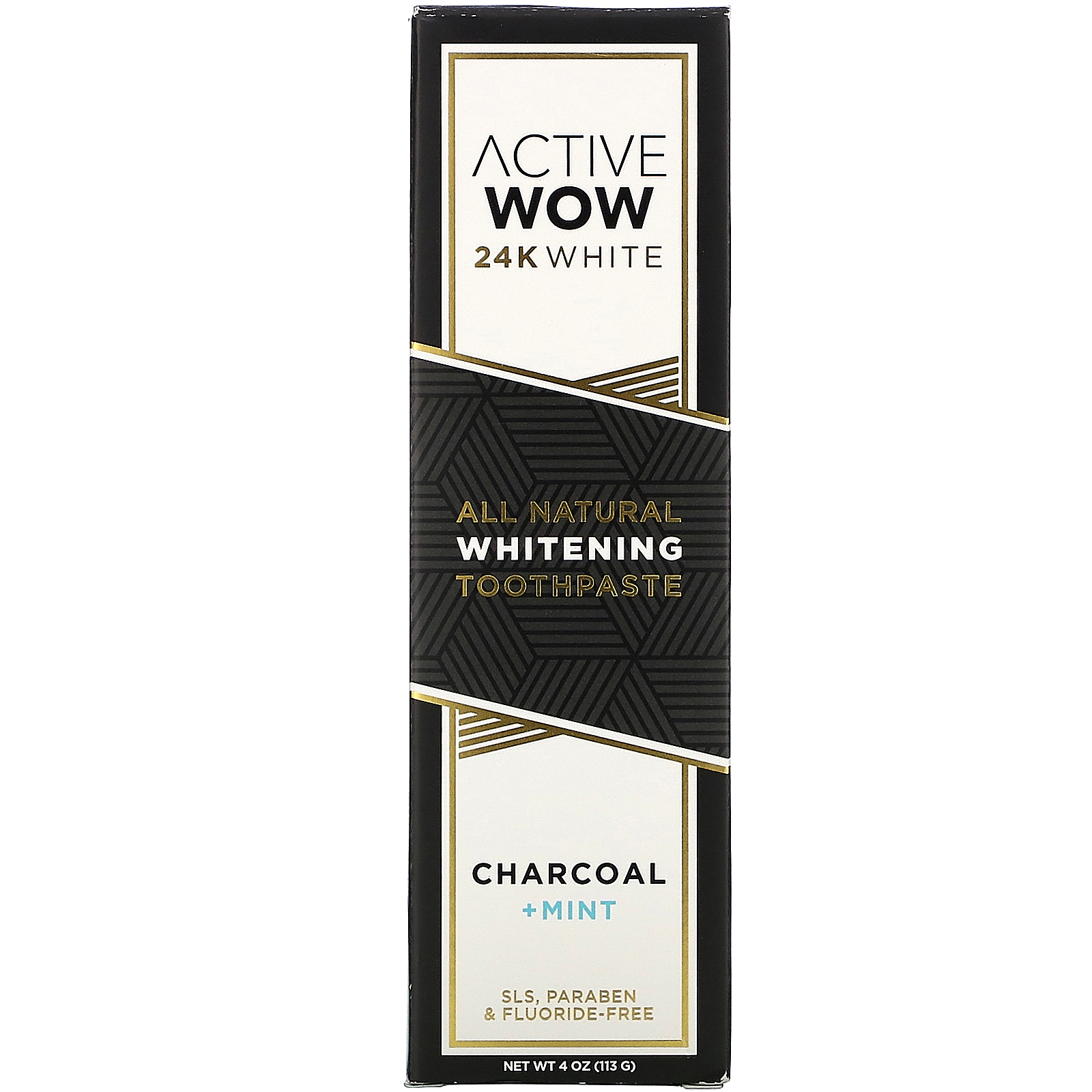 Active Wow, 24K White, All Natural Whitening Toothpaste, Charcoal + Mint, 4 oz (113 g) - Imagem 2