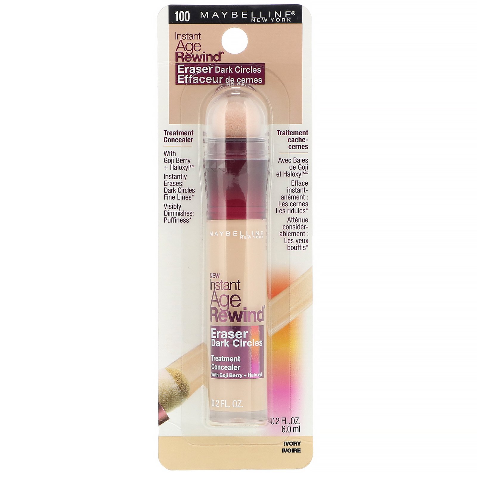 Maybelline, Instant Age Rewind, corretivo de tratamento, cobertura das olheiras, 100 Ivory, 6 ml - Imagem 2