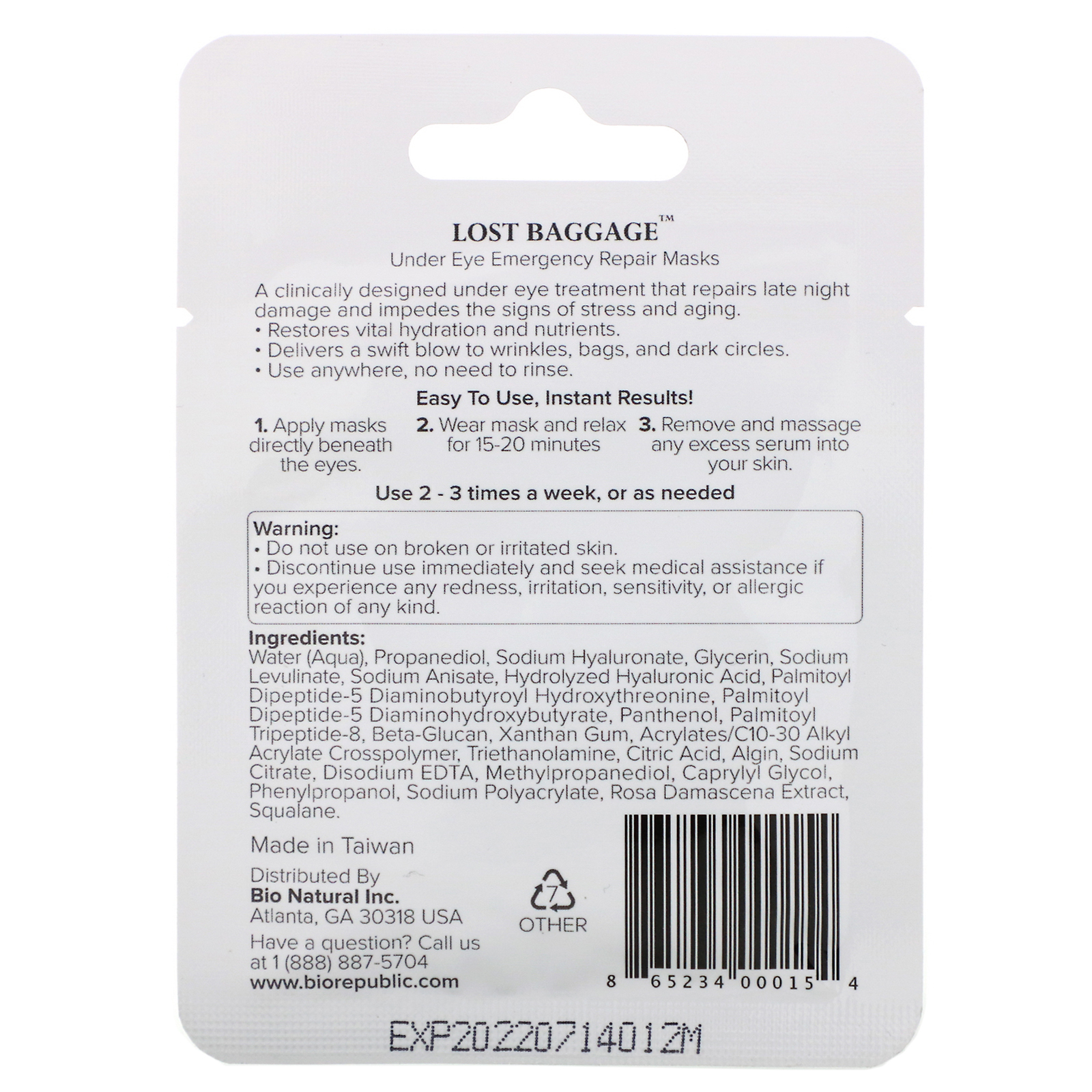 BioRepublic Skincare, Lost Baggage, Under Eye Emergency Repair Masks, 1 Pair, 0.34 oz (10 ml) - Imagem 2