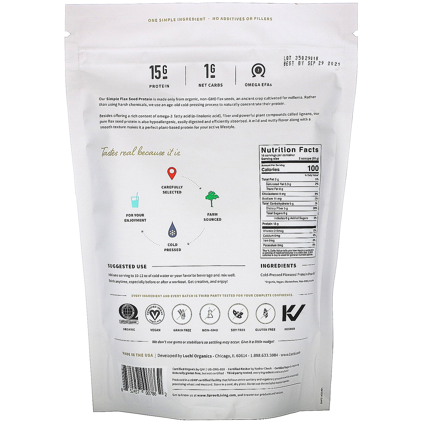 Sprout Living, Simple Flax Protein, Unflavored, 1 lb (454 g) - Imagem 2