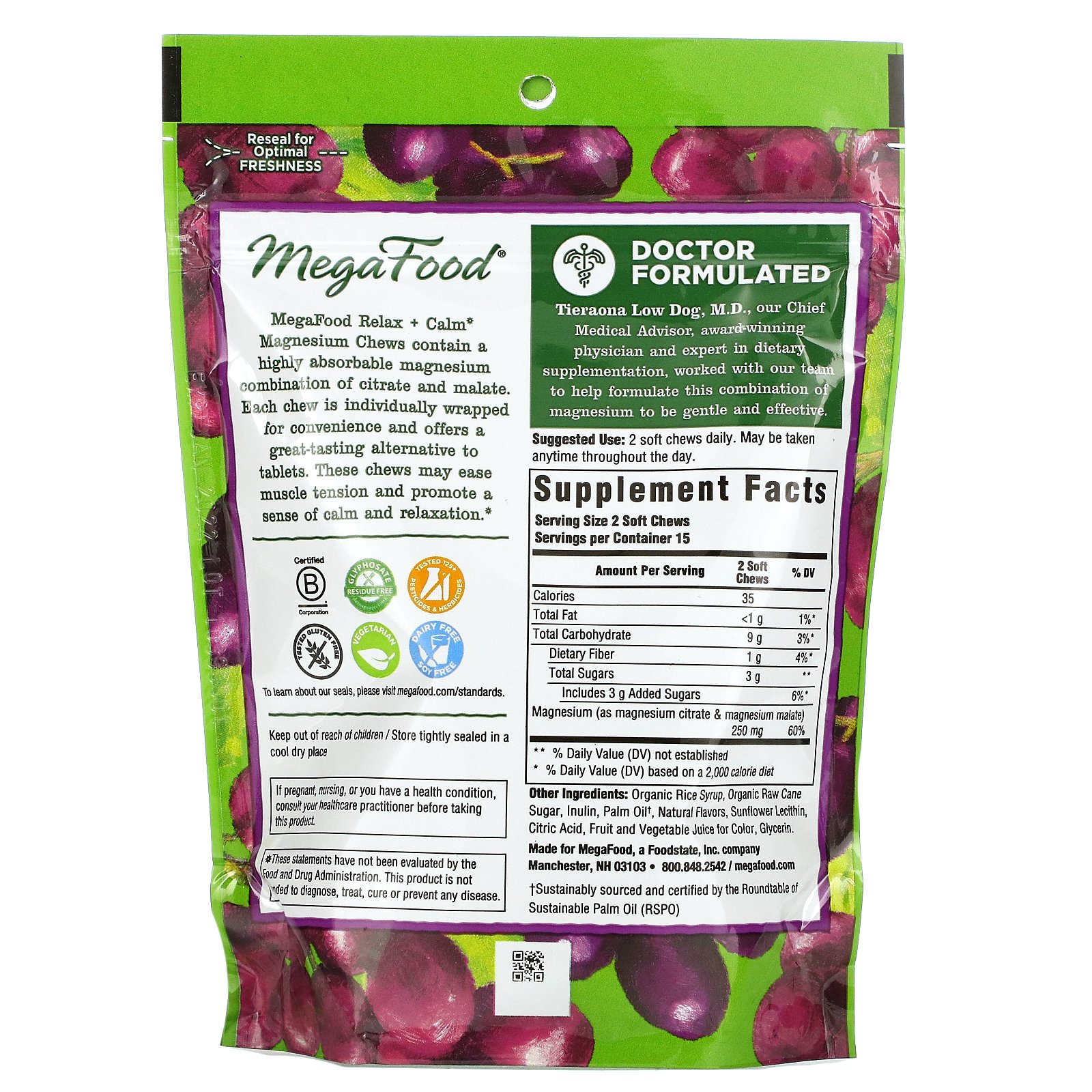 MegaFood, Relax + Calm Magnesium Soft Chews, Grape, 30 Individually Wrapped Soft Chews - Imagem 2