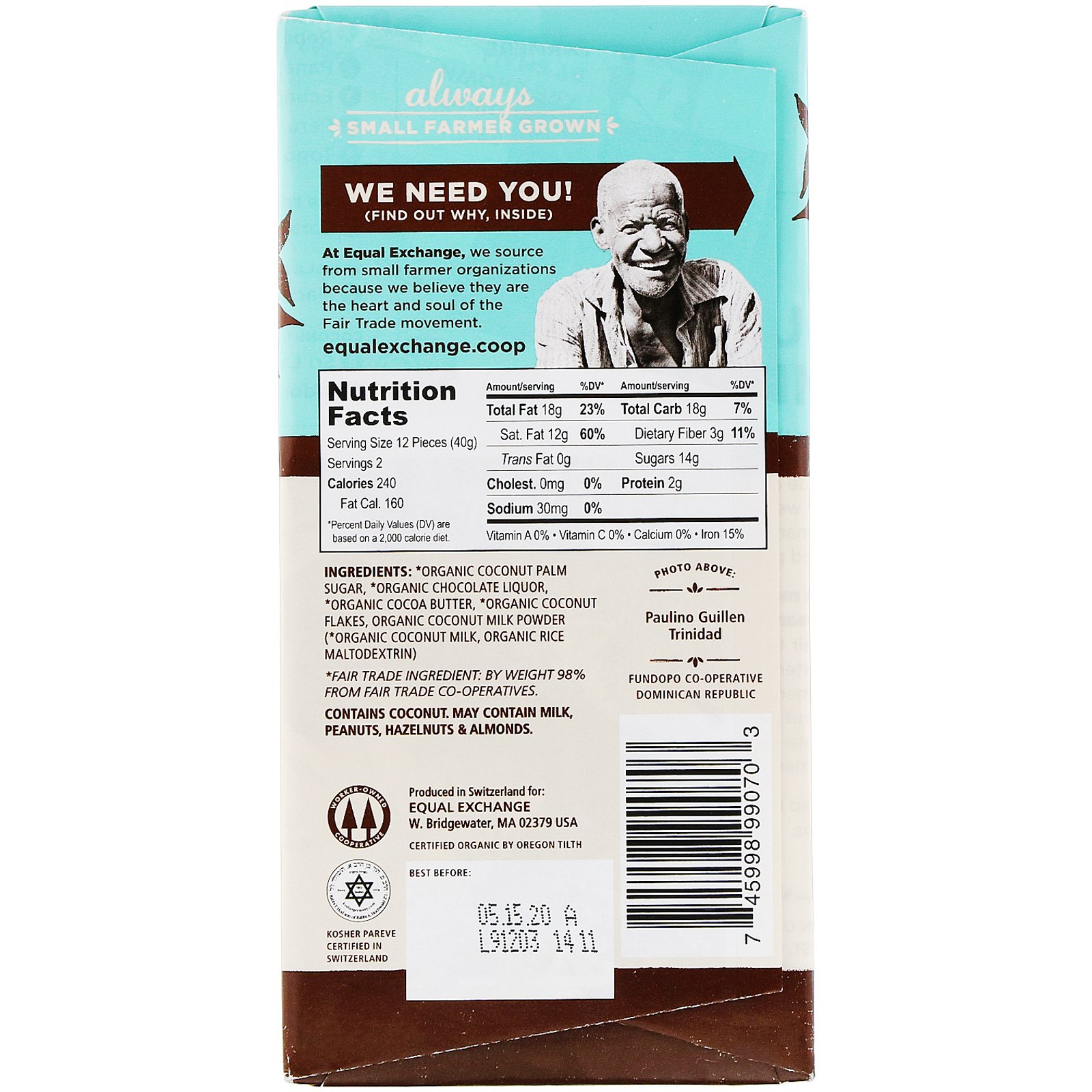 Equal Exchange, Organic Chocolate, Coconut Milk and Coconut Palm Sugar, 55% Cacao, 2.8 oz (80 g) - Imagem 2