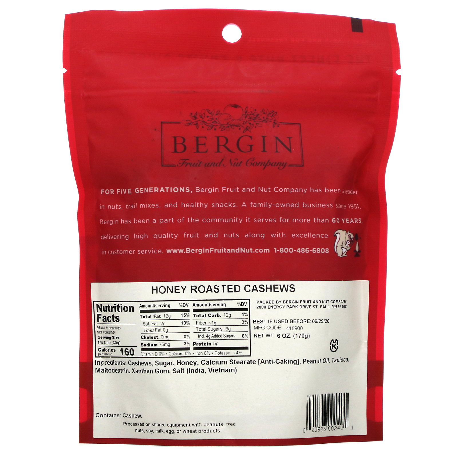 Bergin Fruit and Nut Company, Castanha de Caju Torrada com Mel, 170 g (6 oz) - Imagem 2