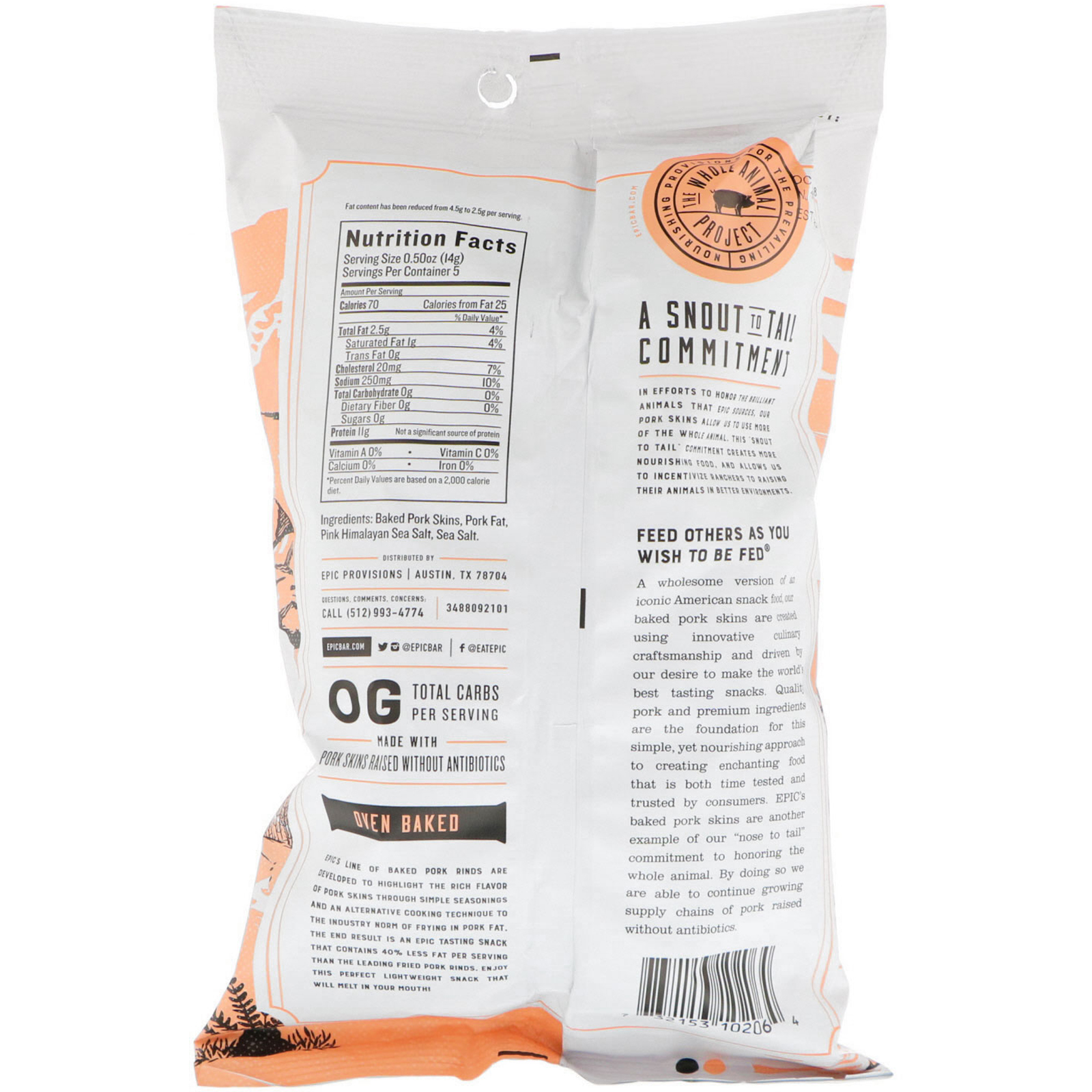 Epic Bar, Oven Baked, Pork Rinds, Pink Himalayan + Sea Salt, 2.5 oz (70 g) - Imagem 2