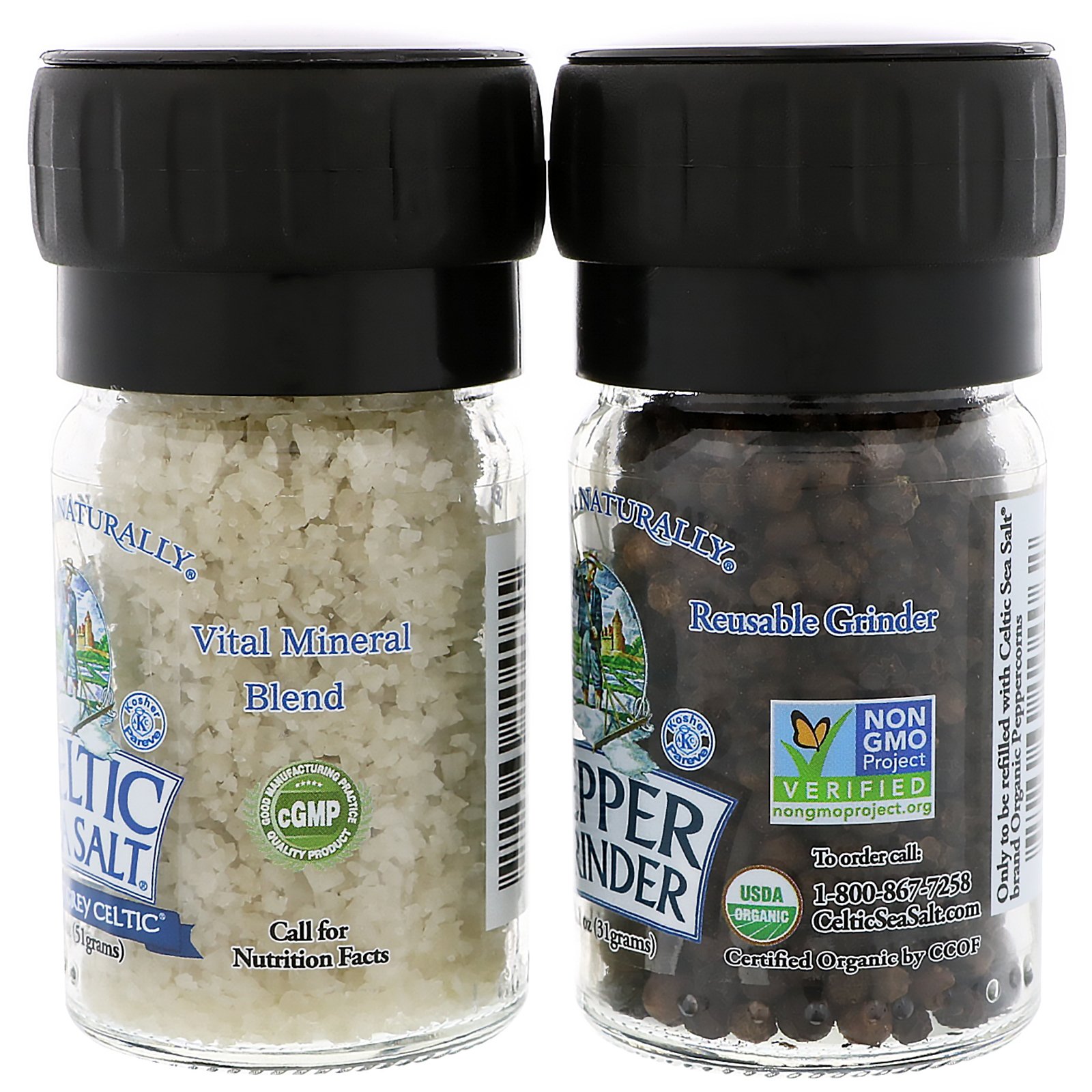 Celtic Sea Salt, Mini Mixed Grinder Set, Light Grey Celtic Salt & Pepper Grinder, 2.9 oz (82 g) - Imagem 2