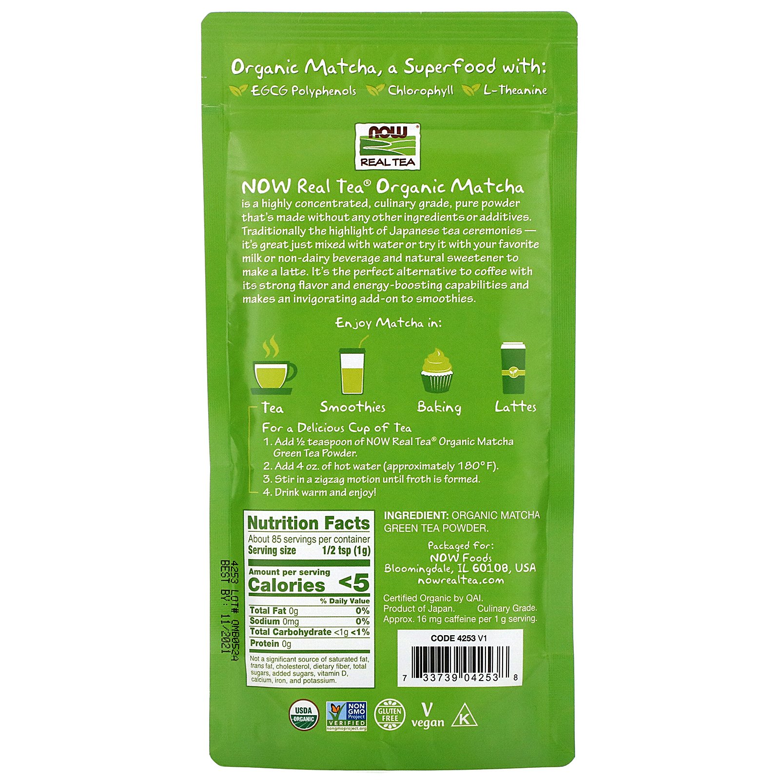 Now Foods, Real Tea, Organic Matcha Green Tea Powder, 3 oz (85 g) - Imagem 2