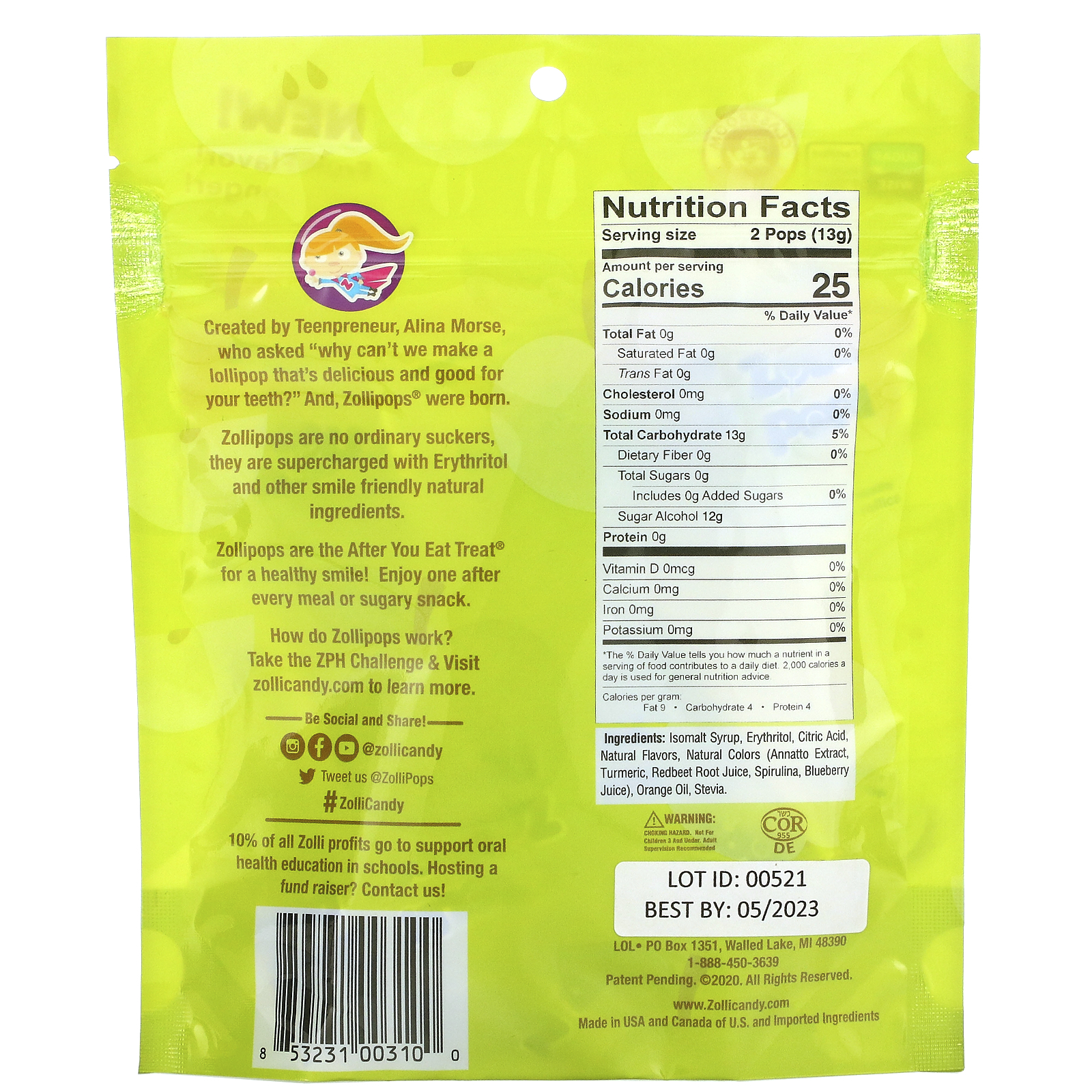 Zollipops, The Clean Teeth Pops, Green Apple, 3.1 oz - Imagem 2