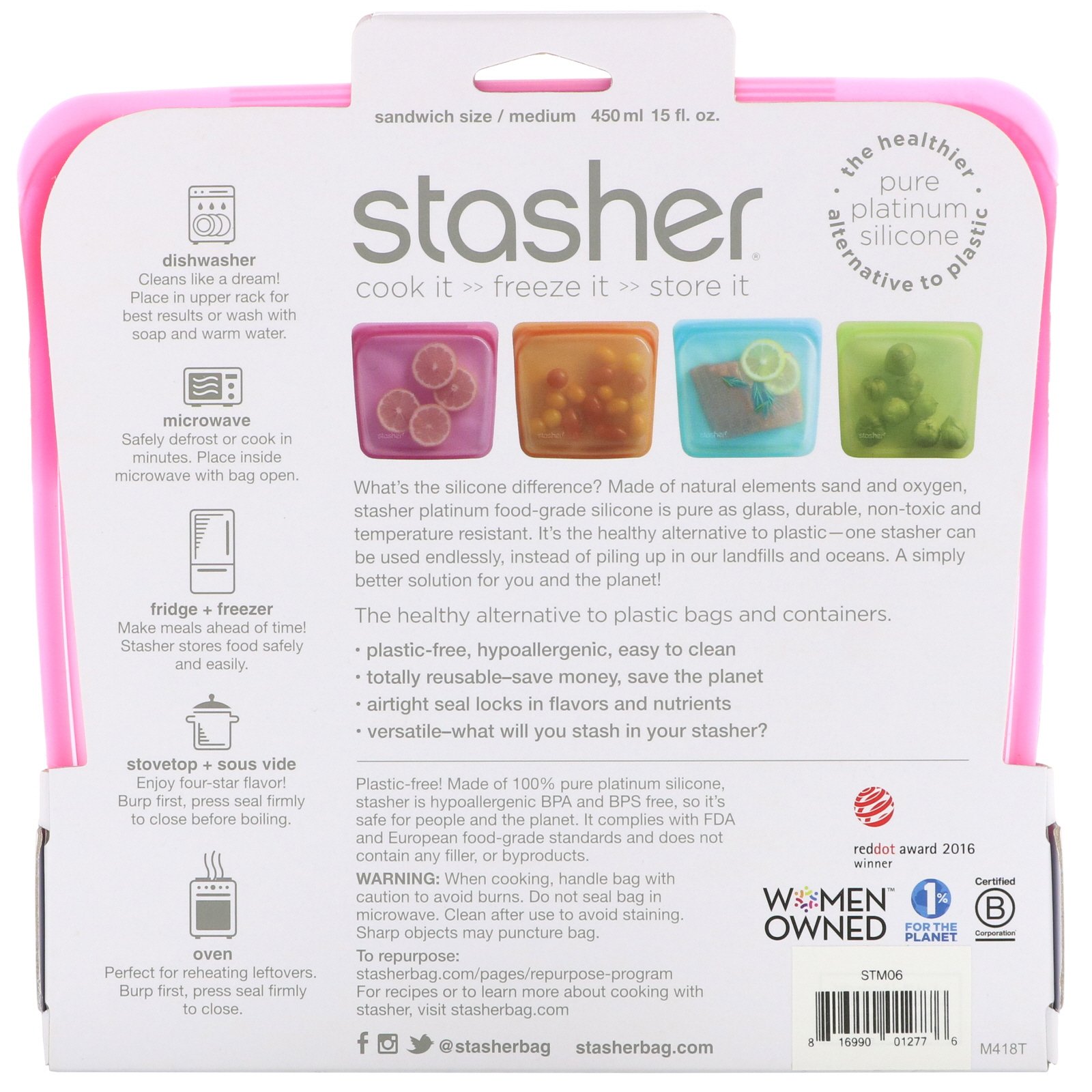 Stasher, Embalagem Reutilizável de Silicone para Alimentos, Tamanho Sanduíche Médio, Framboesa, 450 ml (15 fl oz) - Imagem 2