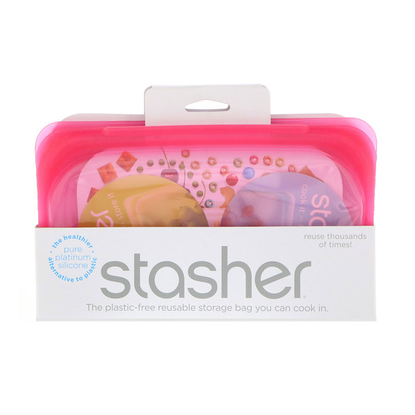 Stasher, Embalagem Reutilizável de Silicone para Alimentos, Tamanho de Lanche Pequeno, Cor de Framboesa, 9,9 fl oz (293,5 ml)