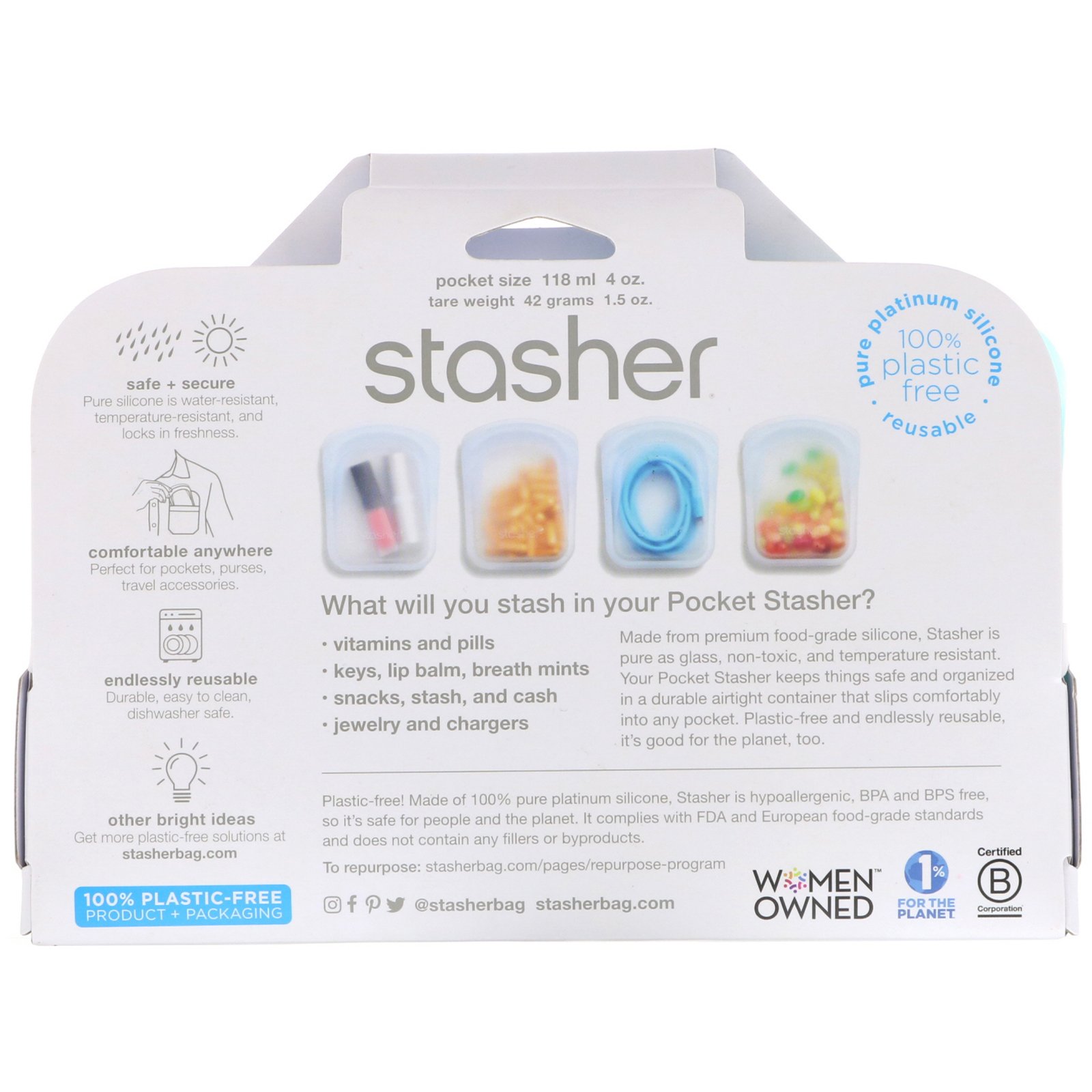 Stasher, Necessaire de Silicone Reutilizável, Transparente e Verde Água, 2 Unidades, 42 g (4 oz) Cada - Imagem 2