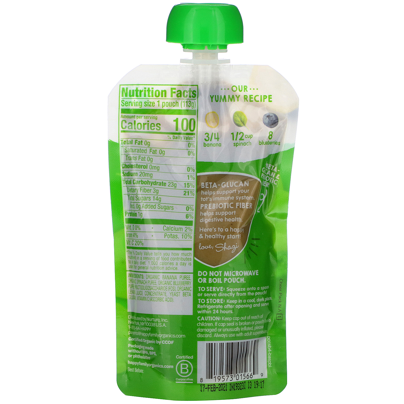 Happy Family Organics, Happy Tot, Super Bellies, Organic Bananas, Spinach & Blueberries, 4 oz (113 g) - Imagem 2