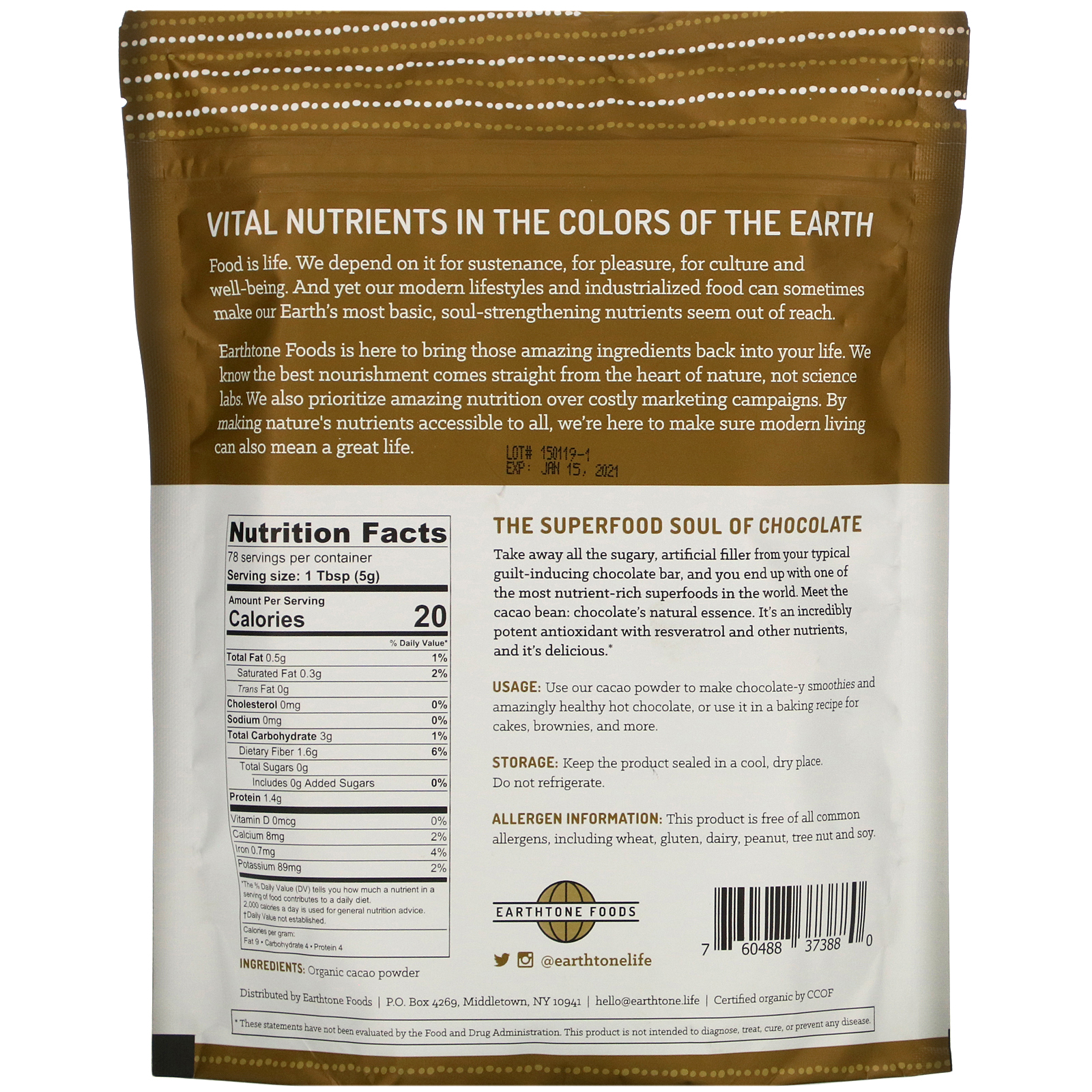Earthtone Foods, Organic Cacao Powder, 14 oz (397 g) - Imagem 2