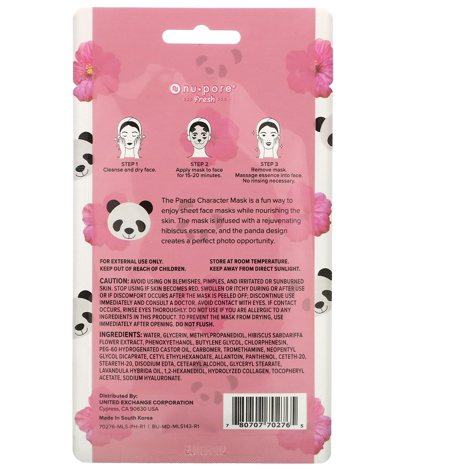 Nu-Pore, Character Face Mask, Panda, Hibiscus, 1 Sheet - Imagem 2