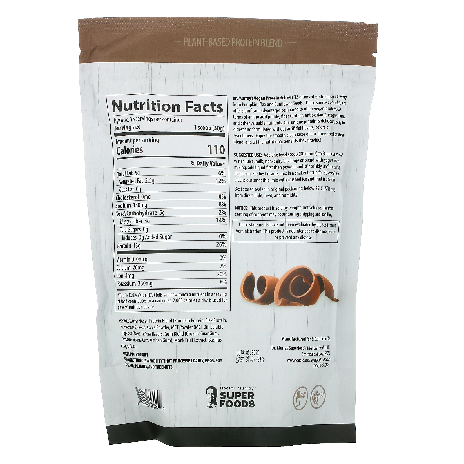 Dr. Murray's, Super Foods, 3 Seed Protein Powder, Chocolate, 16 oz (453.5 g) - Imagem 2