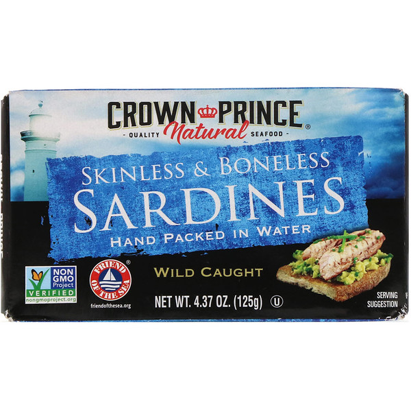 Crown Prince Natural, Sardinhas sem pele e sem espinhas, Embaladas à mão em água, 4.37 oz (125 g)