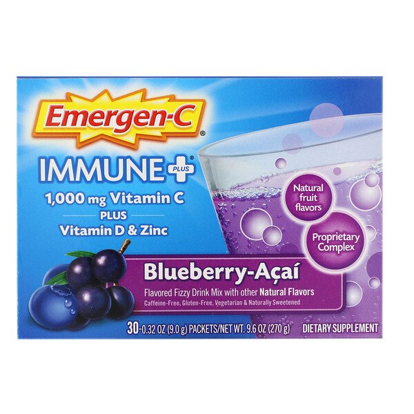 Emergen-C, Immune +, Vitamin C Plus Vitamin D & Zinc, Blueberry-Acai, 1,000 mg, 30 Packets, 0.32 oz (9.0 g) Each
