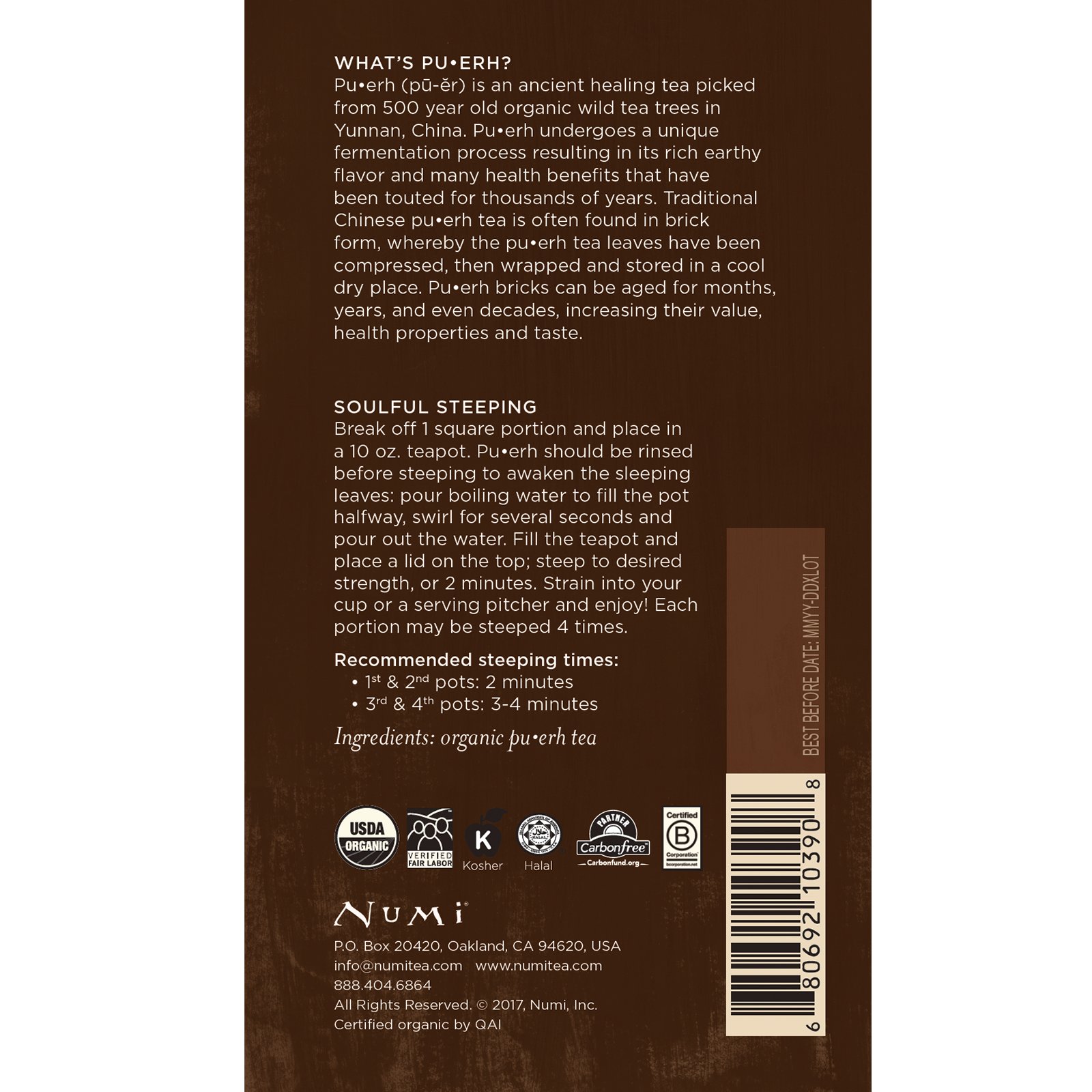 Numi Tea, Chá Orgânico, Chá Pu-erh, Chá Pu-erh Envelhecido Compresso, 63 g - Imagem 2