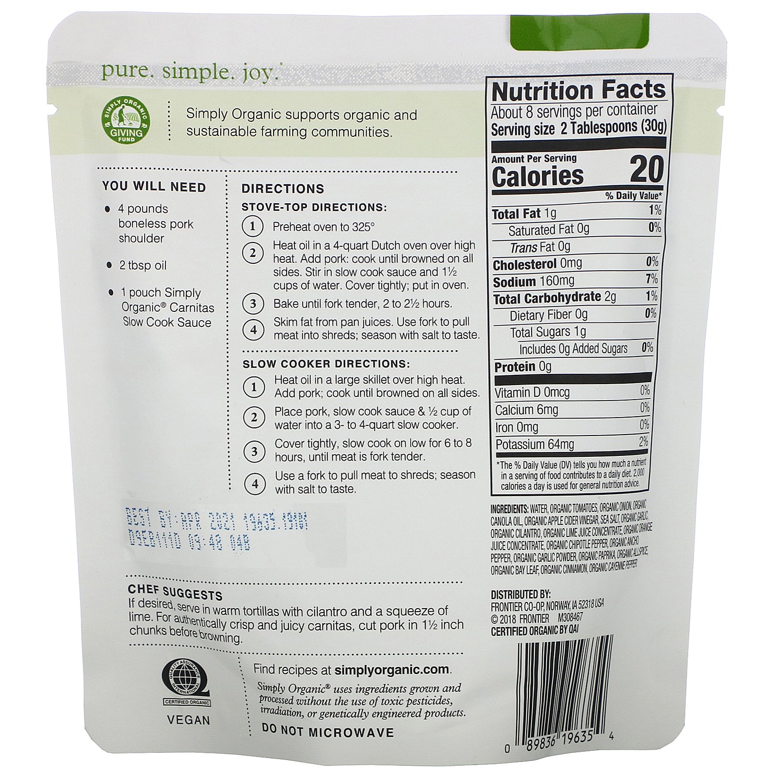 Simply Organic, Molho de Cozimento Lento Orgânico, Carnitas, Carne de Porco, 8 oz (227 g) - Imagem 2
